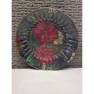Christmas Poinsettia Glass Decorative Plate Holiday Floral 8" Round Red Green